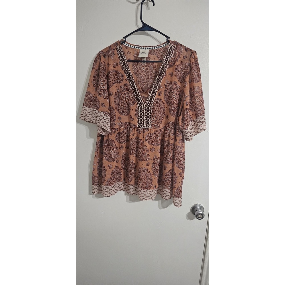 Knox Rose Sheer Top Womens XL Paisley Embroidered Trim Short Sleeves Peasant - Picture 2 of 9